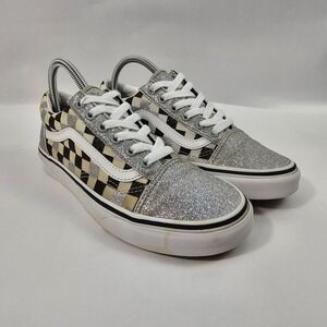 Vans Old Skool Low‎ Top Silver Glitter Checkered Shoes Sneaker Womens Size 7.5